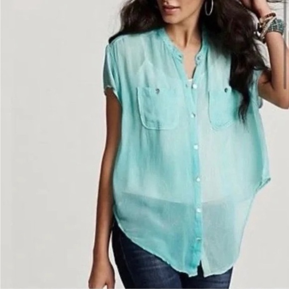 Free People Spellbound Aqua Marbled Chiffon Overlapping Back Blouse - S - Picture 3 of 15